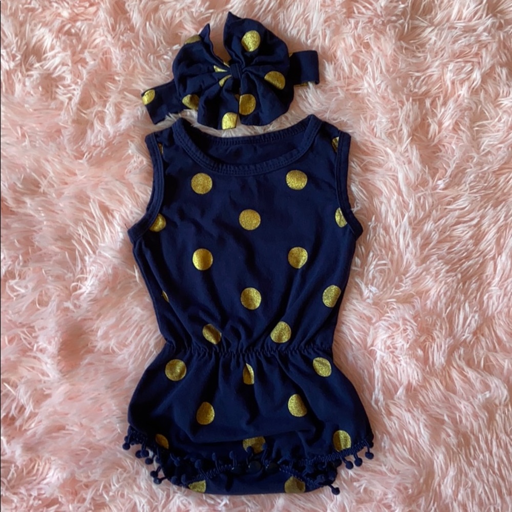 Blue and gold romper with matching bow (6-9M)